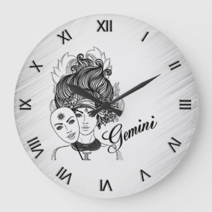 Gemini MaskLady Zodiac Roman Numerals Grote Klok