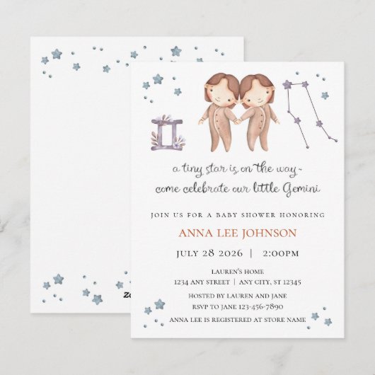 Gemini Zodiac Baby Shower Invitation (Devant / Derrière)