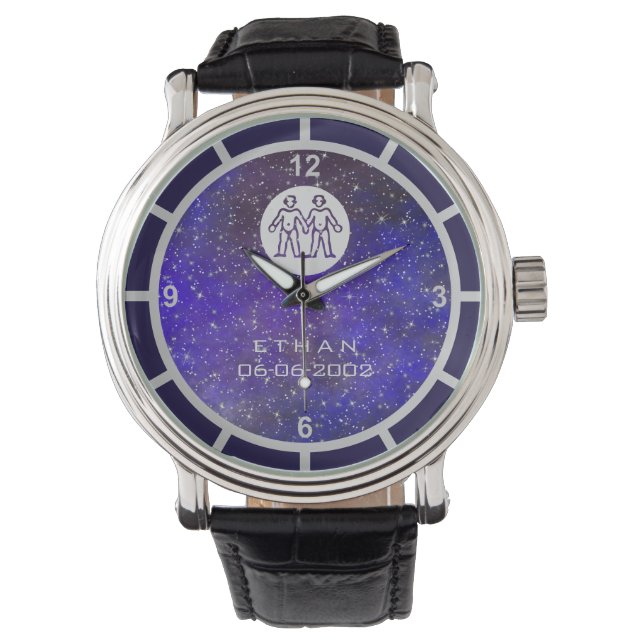 Gemini Zodiac Sign Elegant Custom Name Birth Date Horloge (Voorkant)