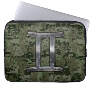 Gemini Zodiac Sign on Green Digital Camo Laptop Sleeve