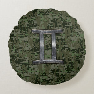Gemini Zodiac Sign on Green Digital Camo Rond Kussen
