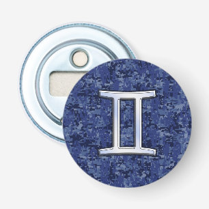 Gemini Zodiac Sign on Navy Blue Digital Camo Button Flesopener