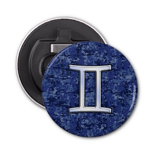 Gemini Zodiac Sign on Navy Blue Digital Camo Button Flesopener (Voorkant)