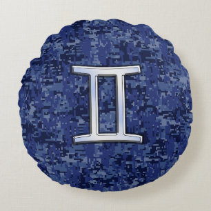 Gemini Zodiac Sign on Navy Blue Digital Camo Rond Kussen