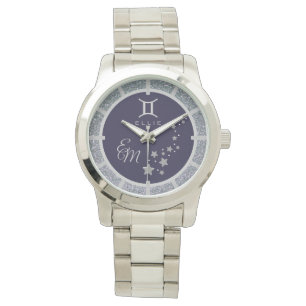 Gemini Zodiac Silver Glitter Dark Blue Monogrammed Horloge