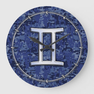 Gemini Zodiac Symbol Blue Digital Camouflage Grote Klok