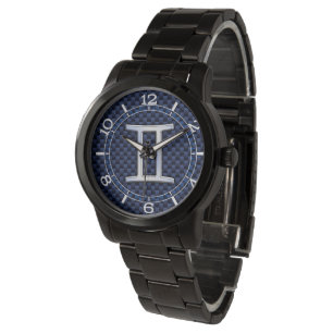 Gemini Zodiac Symbol Navy Blue Carbon Style Dial Horloge