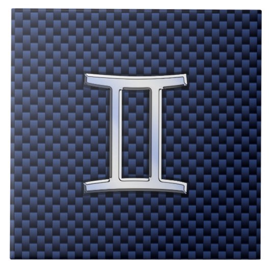 Gemini Zodiac Symbol Navy Blue Carbon Style Tegeltje (Voorkant)
