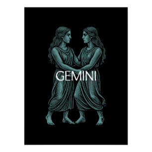 Gemini Zodiac – Vintage Tweeling in Teal op Zwart Perfect Poster