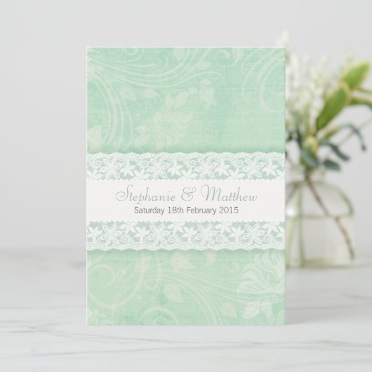 Gemint-groene uitnodiging voor witte lace bruiloft (Staand voorkant)