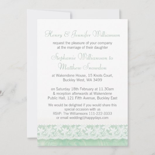 Gemint-groene uitnodiging voor witte lace bruiloft (Achterkant)