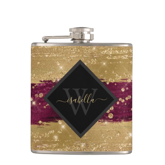 Gemoderniseerde moderne burgundy gouden script heupfles (Voorkant)