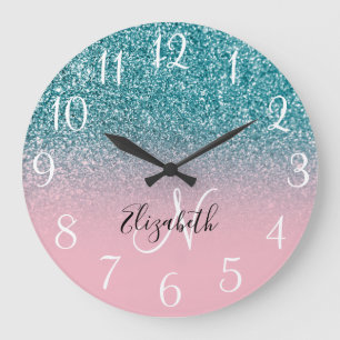Gemonogrammeerde roze en turquoise glinster ombre grote klok