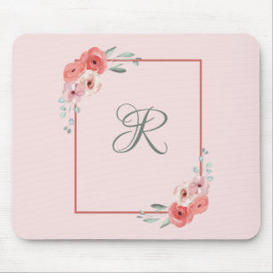 Gemonogrammeerde Roze Koraal en Witte Groene Bloem Muismat