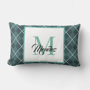 Gemonogrammeerde turquoise ruitvormige plaid sierk kussen