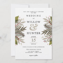 Gemoute botanische moss Grey & Red Wedding Kaart