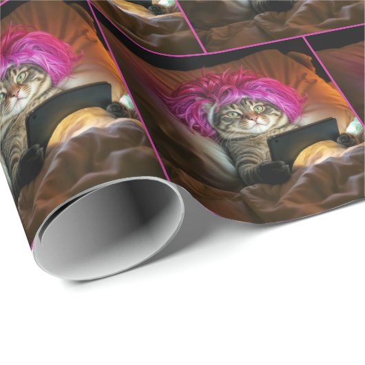 Gen Z Cat met een elektronische tablet in bed Cadeaupapier (Rol Hoek)