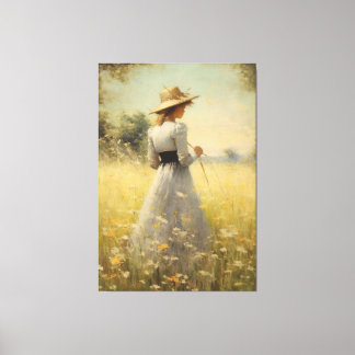 Genade in Natuur: Vrouw in Meadow Olieverfschilder Canvas Afdruk