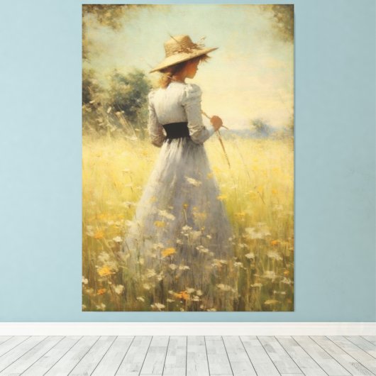 Genade in Natuur: Vrouw in Meadow Olieverfschilder Canvas Afdruk (Insitu (Houten vloer))