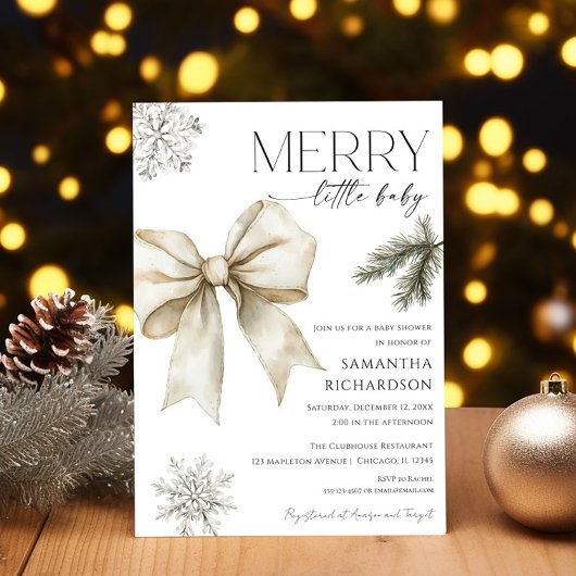 Gender neutral rustic bow snowflakes baby shower kaart