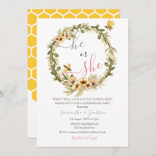 Gender onthullen Hij of zij is uitgenodigd Kaart (Voorkant / Achterkant)
