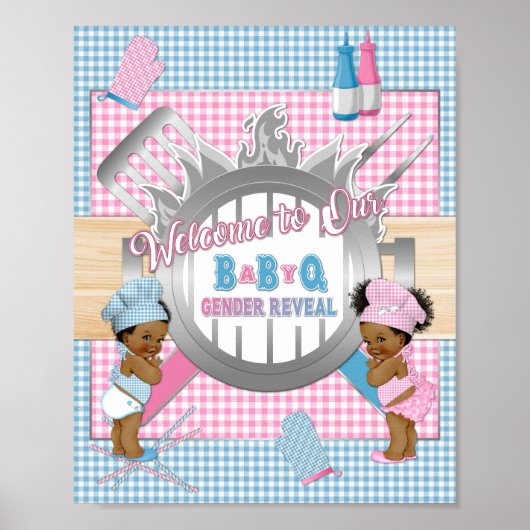 Gender onthullen Roze Blue Gingham Baby Q BBQ Post Poster (Voorkant)