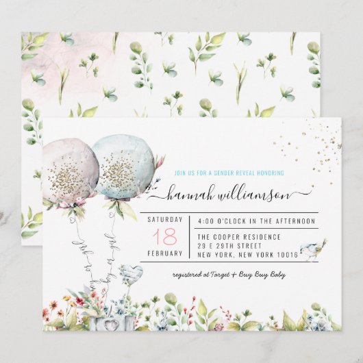 Gender Reveal Balloons Baby shower Invitation Kaart (Voorkant / Achterkant)