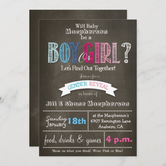 Gender Reveal Chalkboard Uitnodiging 5 x 7 (Voorkant / Achterkant)