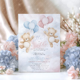 Gender Reveal He or She Bear Balloon Invitation Kaart