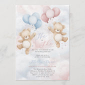 Gender Reveal He or She Bear Balloon Invitation Kaart (Voorkant)