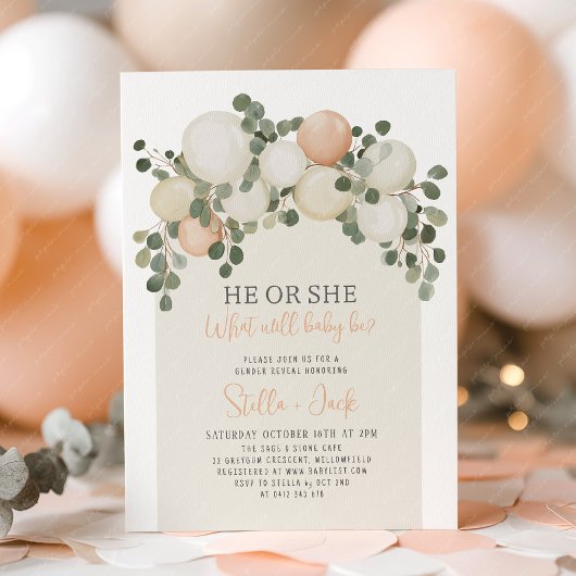 Gender Reveal He or She Greenery Balloons Kaart