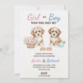 Gender reveal invitation featuring two puppies (Devant)