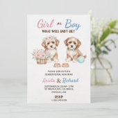 Gender reveal invitation featuring two puppies (Debout devant)