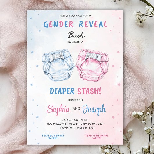 Gender reveal invitation with "Bash" and "Diaper 