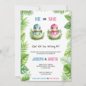 Gender reveal invitation with cartoon dinosaur egg (Devant)