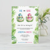 Gender reveal invitation with cartoon dinosaur egg (Debout devant)