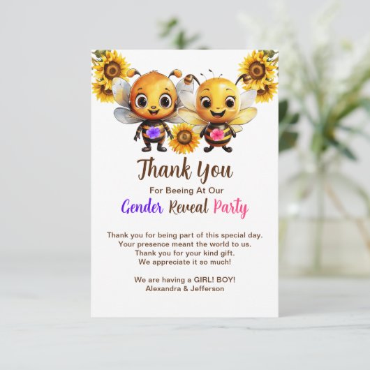 Gender Reveal Party Hij of Zij Baby Bee Shower Bedankkaart (Staand voorkant)