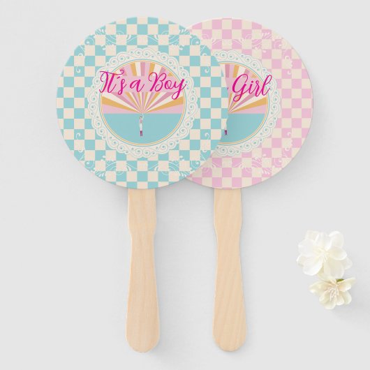 Gender Reveal Two-Sided Blue-Pink Plaid Checkered Handwaaier (Voorkant en achterkant)