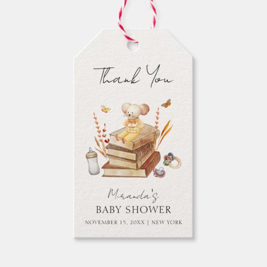 Genderneutraal Boho Book Mouse Baby shower Cadeaulabel (Voorkant)