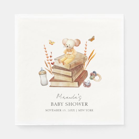 Genderneutraal Boho Book Mouse Baby shower Servet (Voorkant)