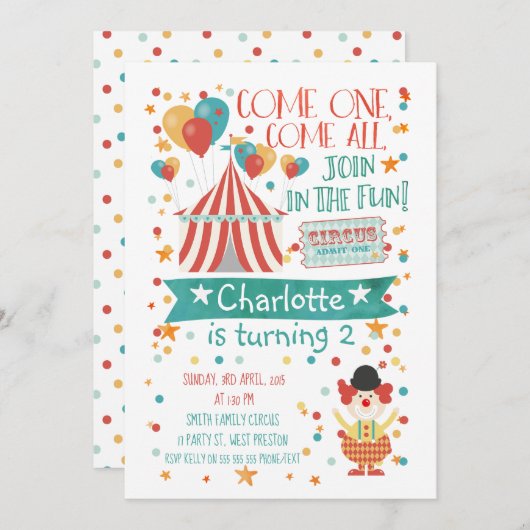 Genderneutraal Circus Verjaardagsuitnodiging Kaart (Voorkant / Achterkant)