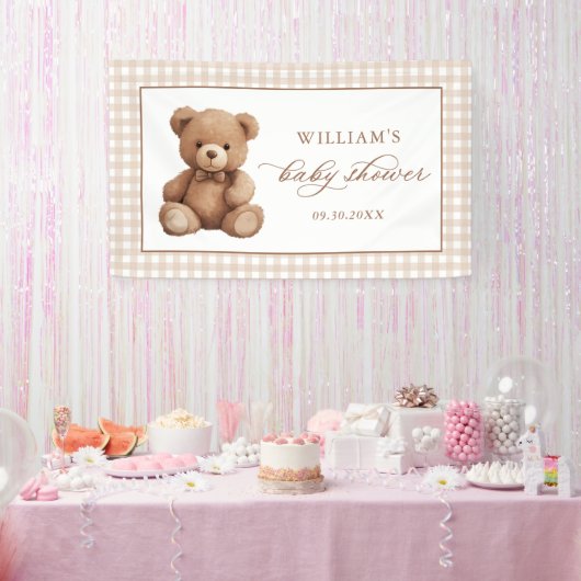 Genderneutraal Gingham Teddy Bear-Baby shower Spandoek (Feest)