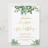 Genderneutraal groen gouden baptisme en 1e verjaar kaart (Voorkant)