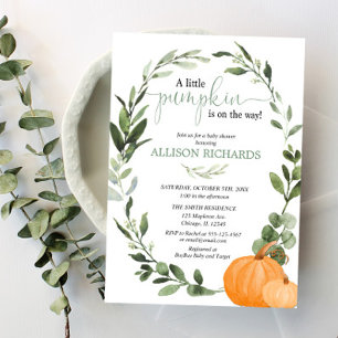 Genderneutrale herfst pompoen eucalyptus baby show kaart