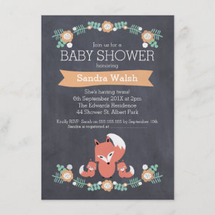 Genderneutrale Twin Fox Baby shower uitnodiging