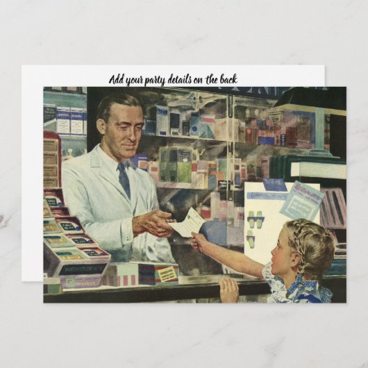 geneeskunde, apotheker en meisje op farmacie kaart (Voorkant / Achterkant)