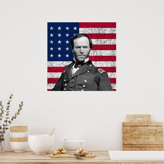 Generaal Sherman en de Amerikaanse vlag Poster (Keuken)