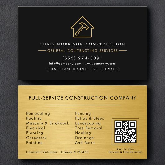 General Contractor Metallic Gold & Black QR Code Visitekaartje