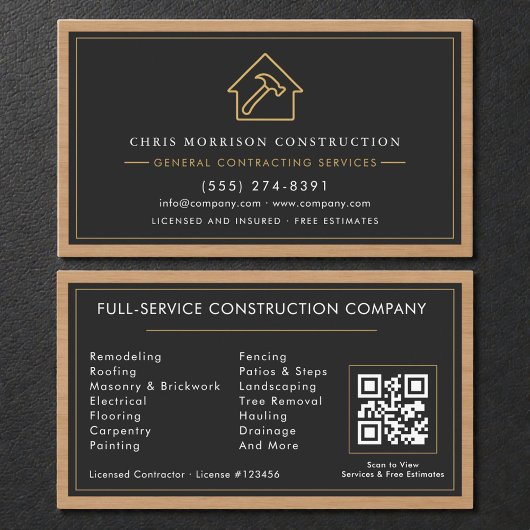 General Contractor Wood QR Code Black Gold Visitekaartje