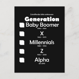 Generationen Baby Boomer, X, Y, Millennials, Z, Al Briefkaart